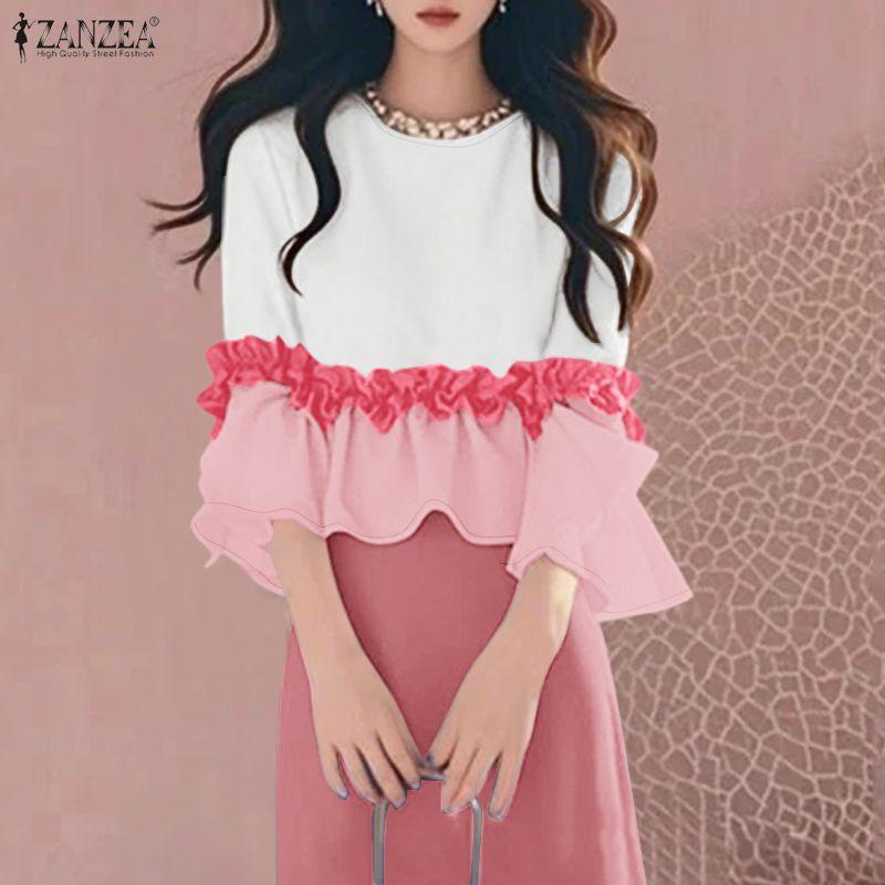 ZANZEA Damen Rundhals Patchwork 3/4 Ärmel Freizeitbluse