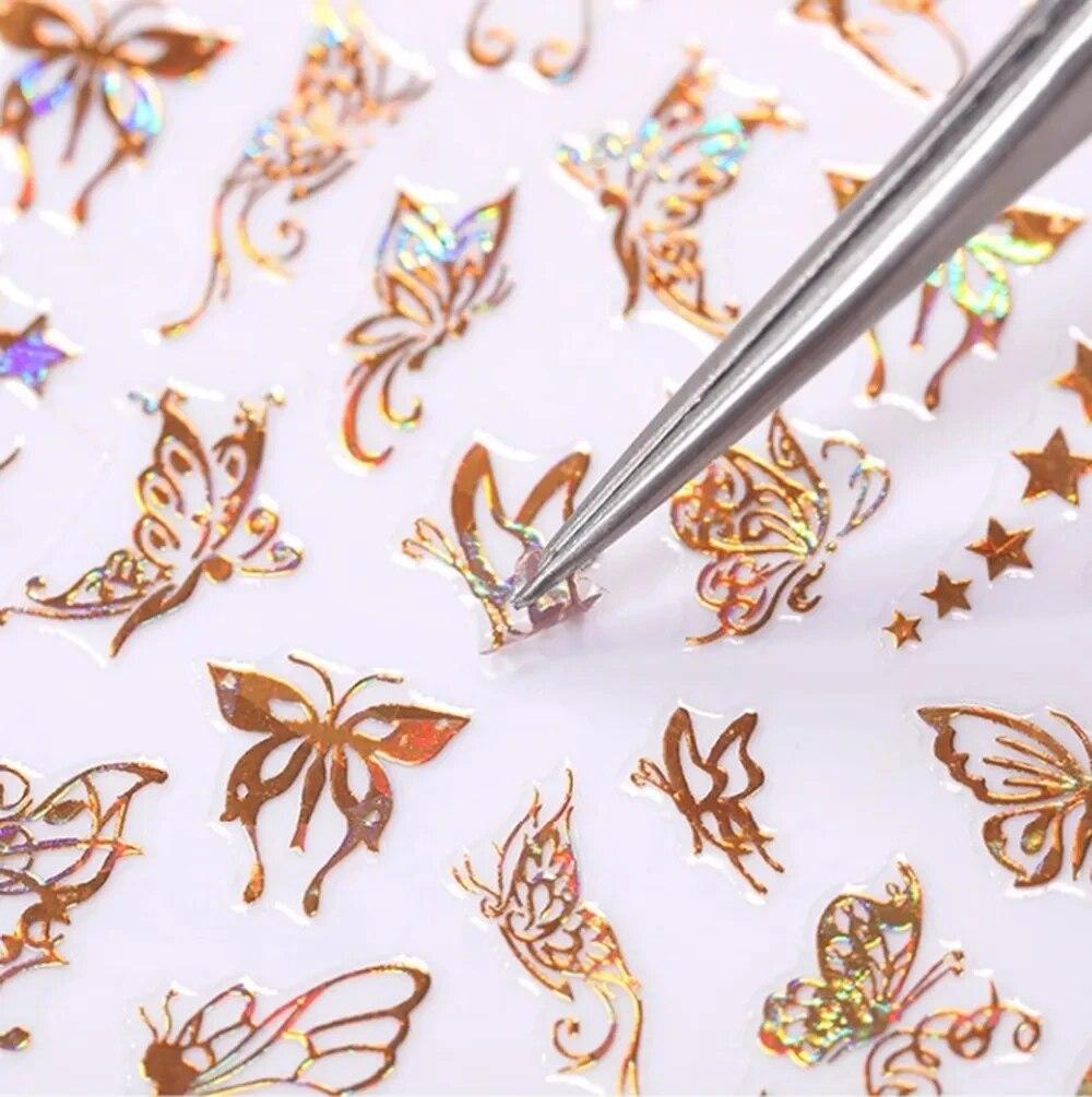 3D Holographic Butterfly Nail Art Stickers Adhesive Gold Silver Laser Foil Nail Decals For Women Girls DIY Manicure Decoration