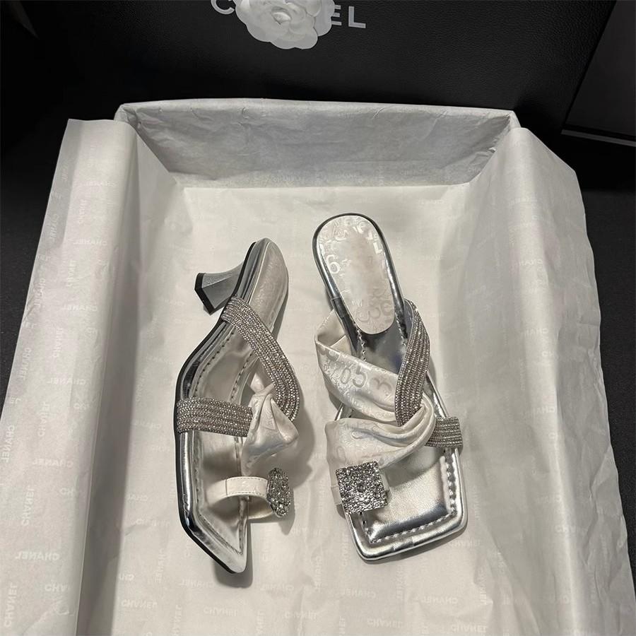 Fashion square head high heel cover toe outer slippers women's new rhinestone word with thin heels cool slippers