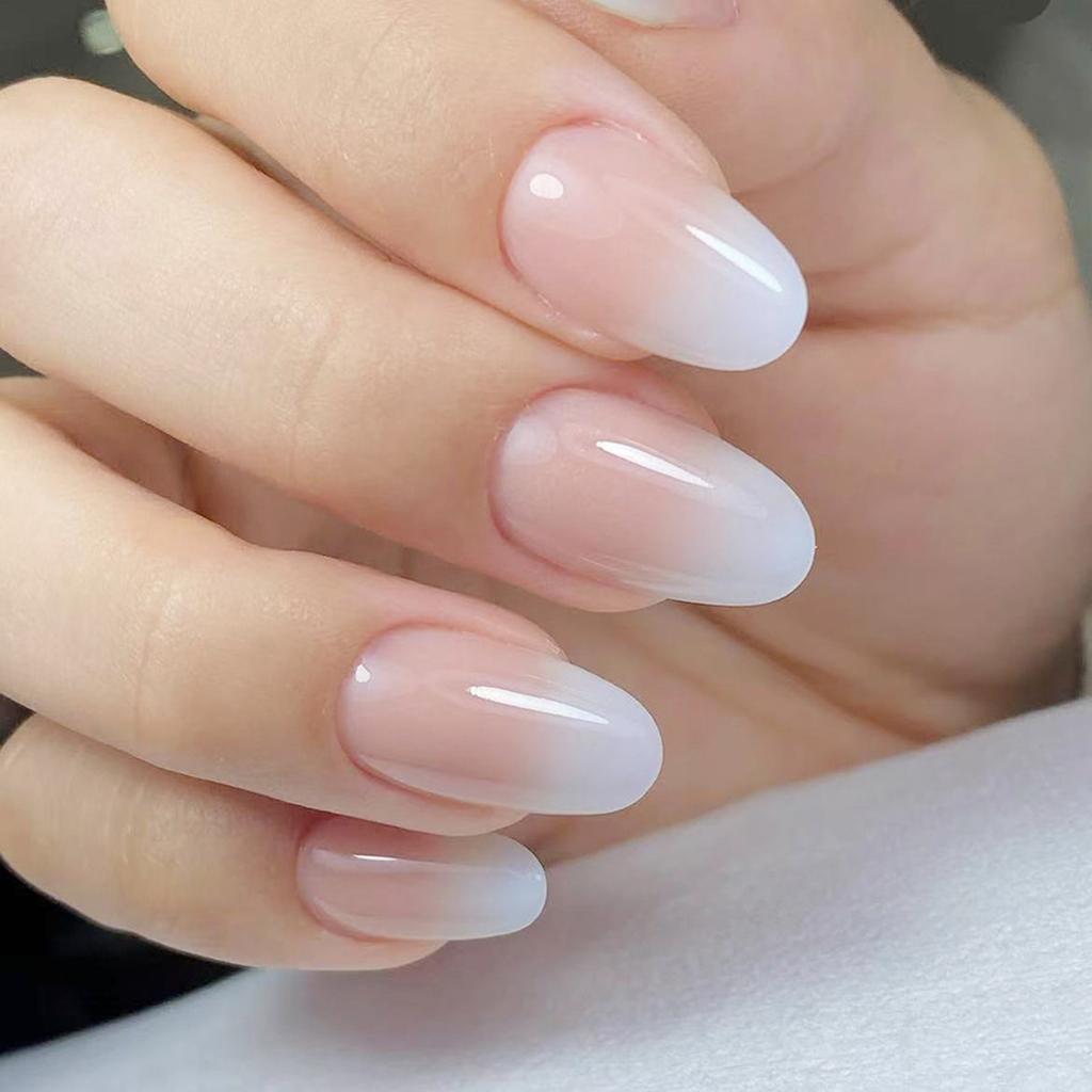 Gradient Press On Nail Almond Fake Nail Glossy Stick On Acrylic Nail Natural Omber Glues On False Nail for Women Girls