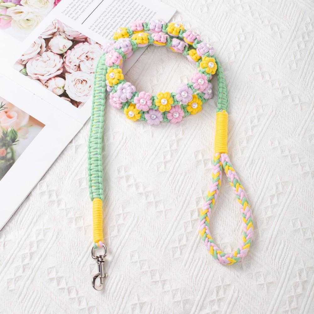59 Inch Soft Cotton Rope Lead,Handmade Braided Dog Leash with Flowers for Small & Medium Dogs, All-Season for Walking, Training, Pet Accessories