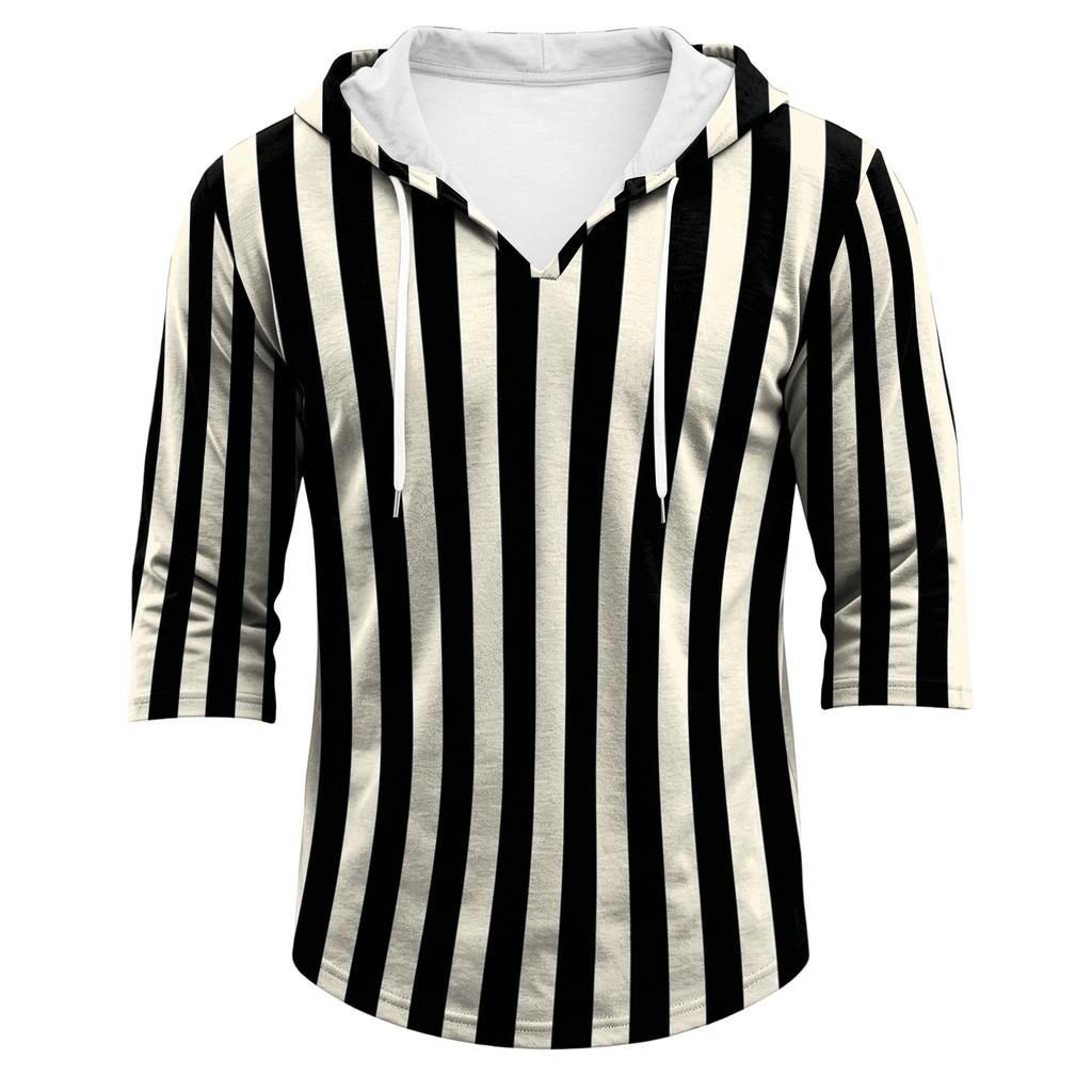 Men's Casual Hooded Striped Three-Quarter Sleeve T-Shirt