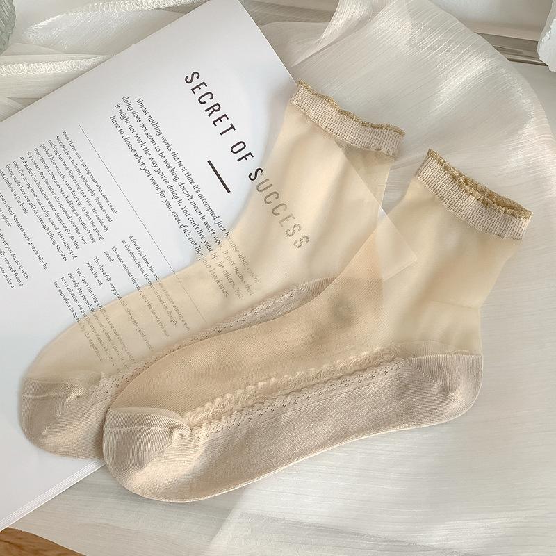 

Women s Summer Thin Lace Mesh Boneless Glass Fiber Mid Calf Socks 1 pair телесный