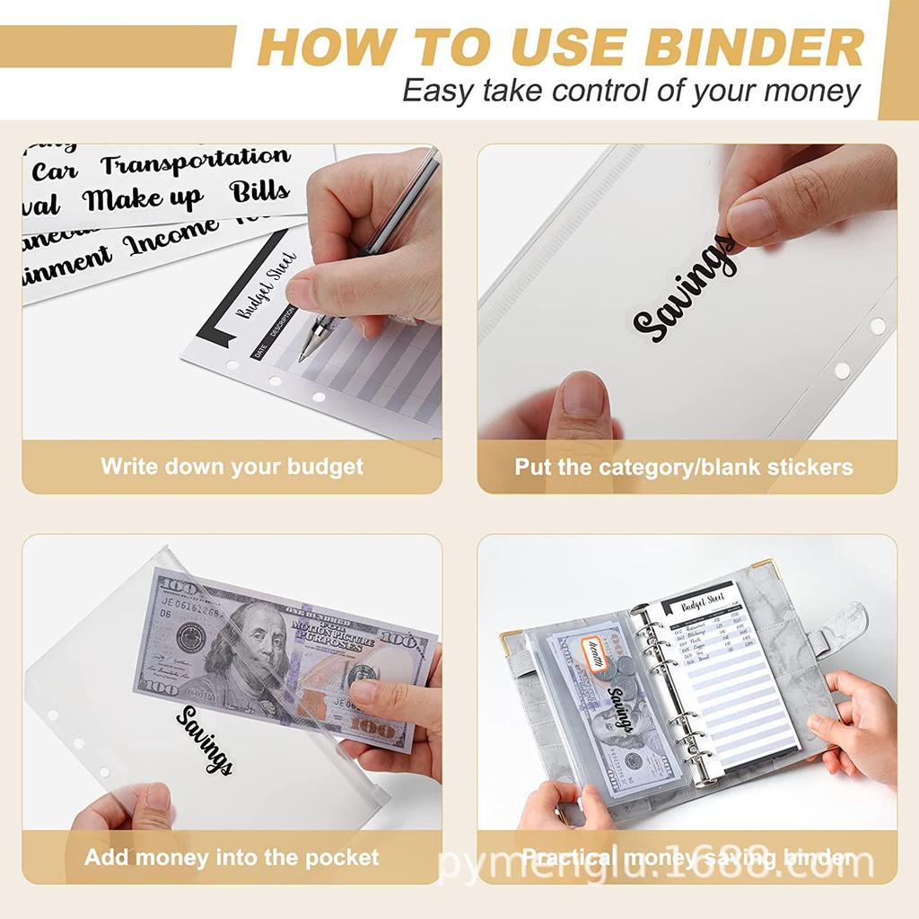 Marble Pattern A6 PU Leather 6-Hole Binder Journal Notebook for Cash Budget