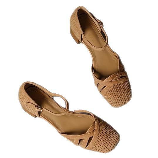 2025 summer new beautiful flip woven hollow bag head sandals women's skirt retro word with thick heels
