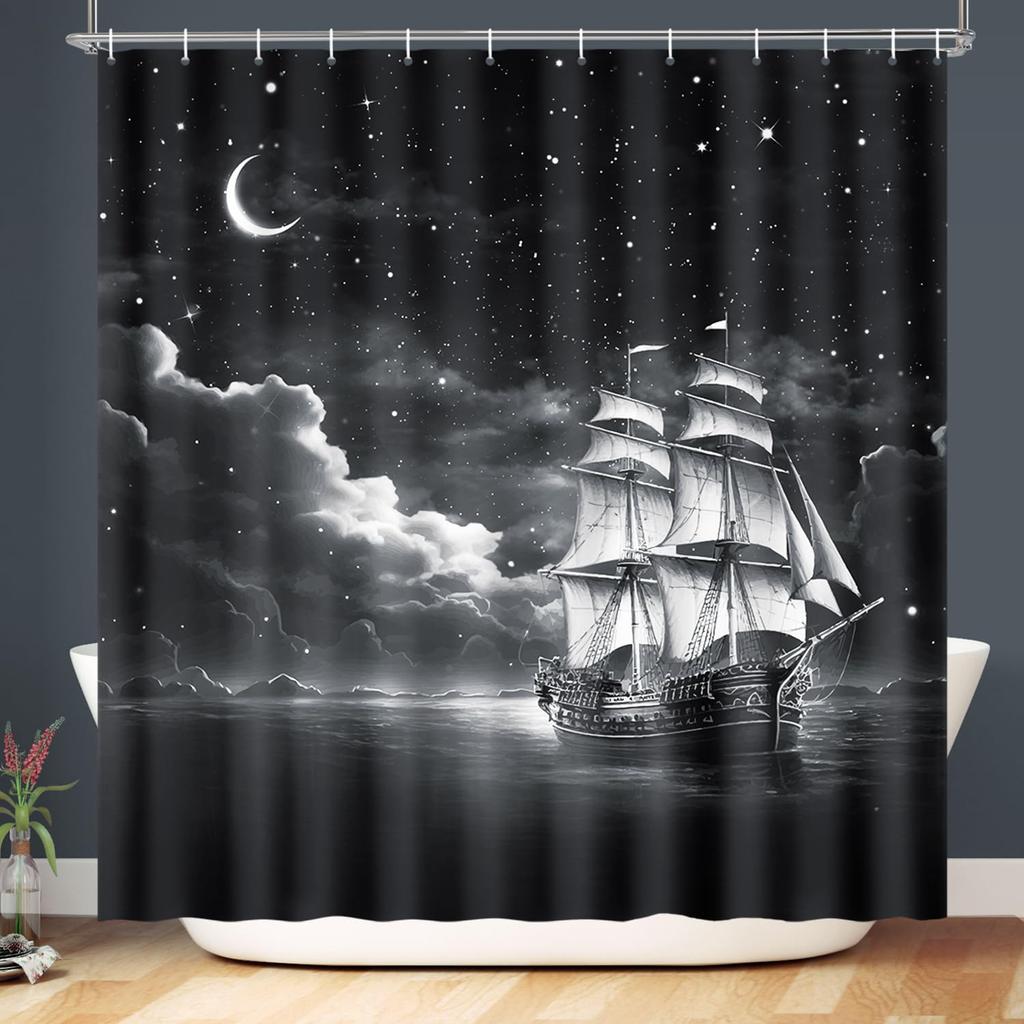 Nautical Lighthouse Shower Curtain Beach Coastal Sunset Sail Boat Retro Scenery Bathroom Decor Bath Curtain With Hooks