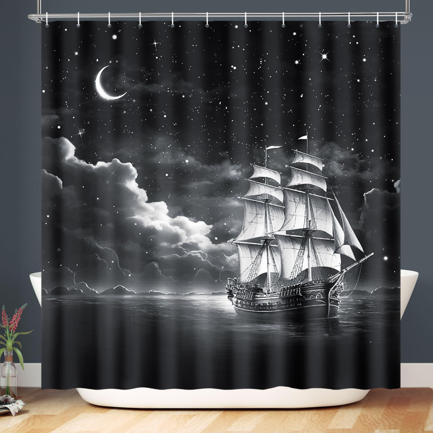 

Nautical Lighthouse Shower Curtain Beach Coastal Sunset Sail Boat Retro Scenery Bathroom Decor Bath Curtain With Hooks W60H190(CM)-1 Pcs