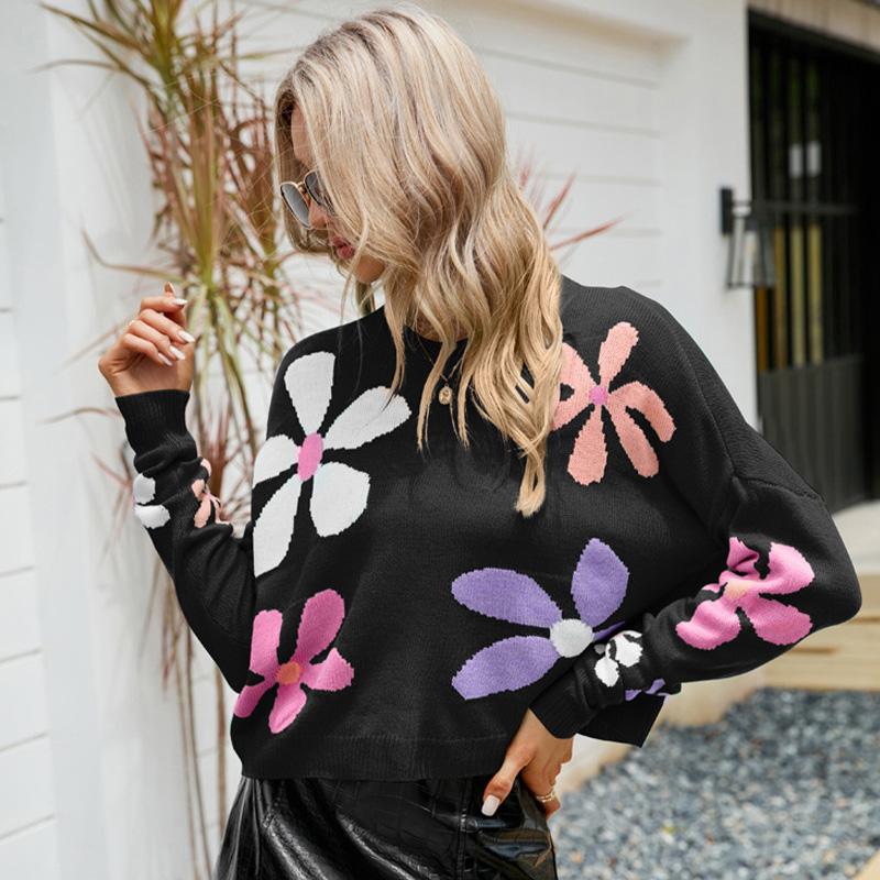 

Жіночий солодкий пуловер у квіточку 2024 року, вільний светр із довгими рукавами та круглим вирізом, милий повсякденний універсальний в’язаний топ S чорний