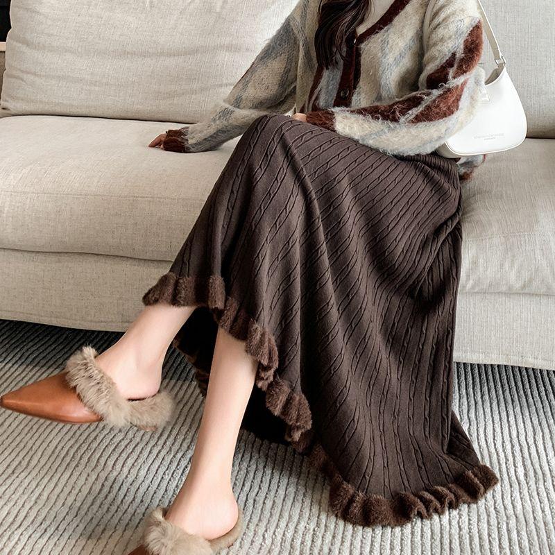 

Вязаная юбка с оборками Женская шерстяная расклешенная юбка Выгодная драпировка Миди Зима 2XL