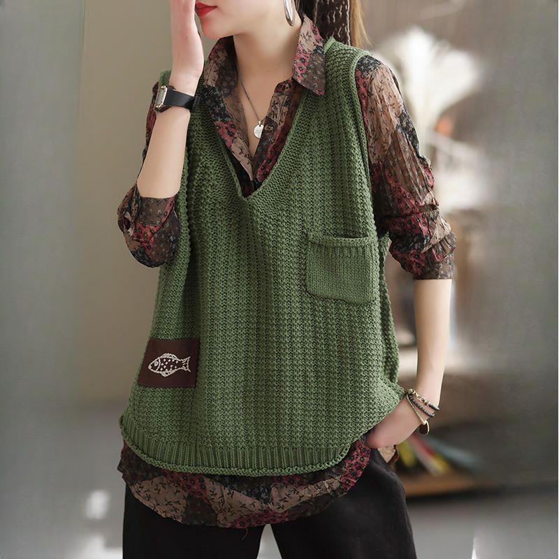Women's Korean-Style Loose Outer-Wear Versatile V-Neck Pullover Thin Hollow-Out Sleeveless Knitted Sweater Vest Cardigan Trendy