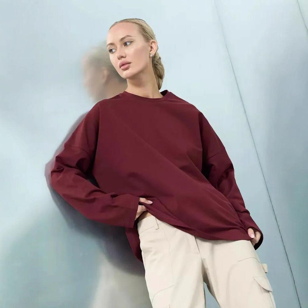 Damen Rundhals Langarm T-Shirt Lockerer Schnitt Pendler Freizeit Oberteil