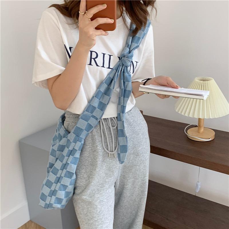 1 Checkerboard Large Capacity Tote Bag Denim Canvas Shoulder Bag Schoolgirl Handbag