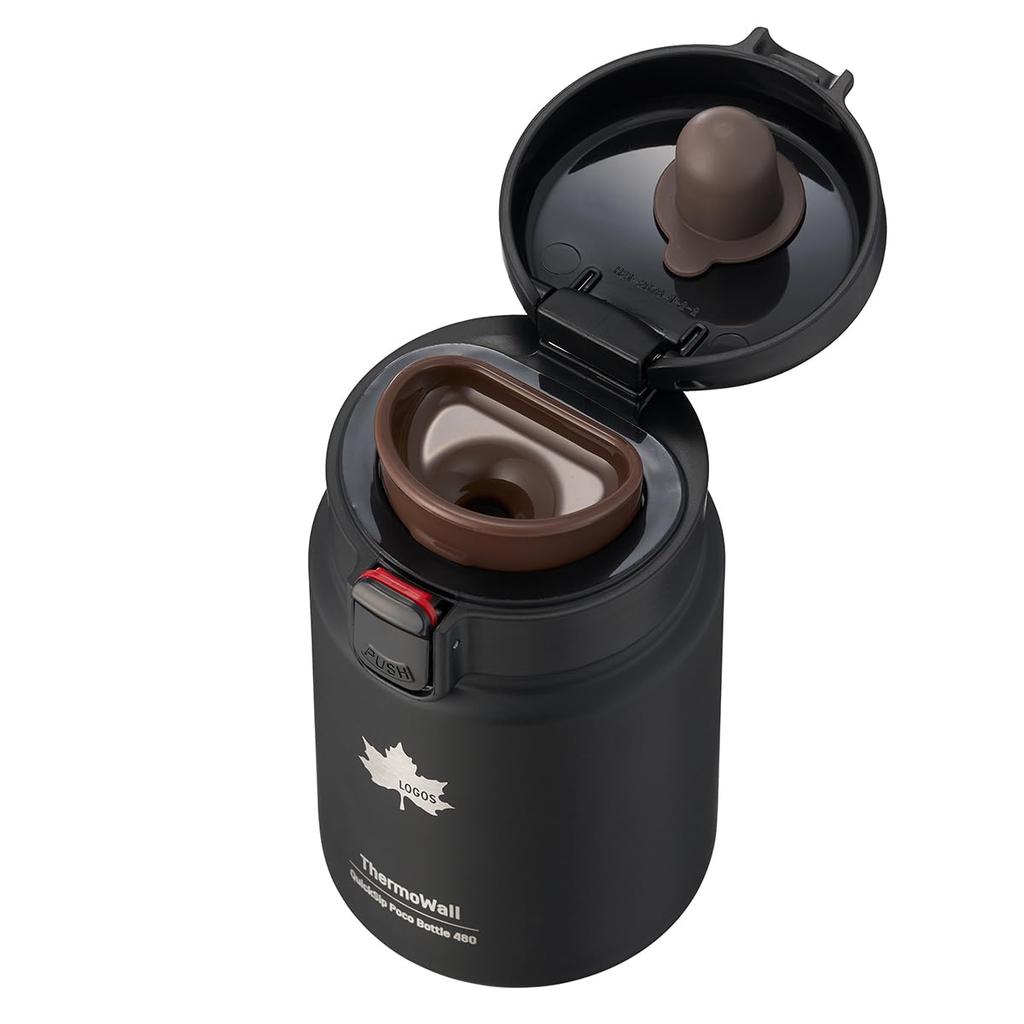 LOGOS ThermoWall Vacuum Insulated Bottle Black 81286171 Camping Mug Bottle Slim Design Lightweight Keeps Drinks Cold and Hot Direct Drinking One-Touch