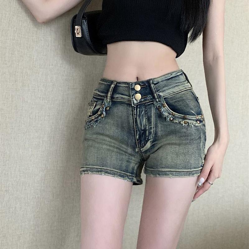 

Американские женские джинсовые шорты прямого кроя в стиле ретро, эластичные, с низкой посадкой, облегающие 2XL