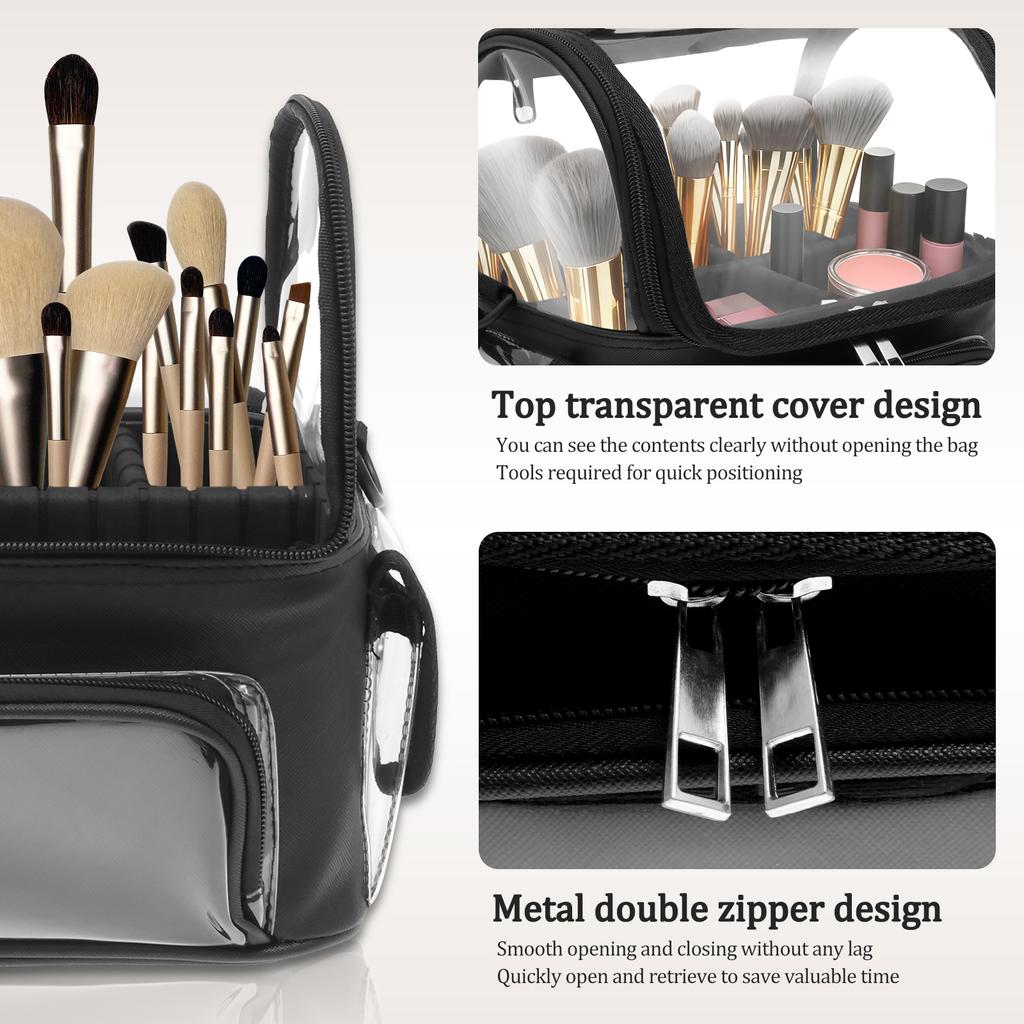 Makeup Bag PVC Transparent Makeup Brush Travel Case with Adjustable Strap & Dividers Large Capacity Portable Travel Cosmetic Bag
