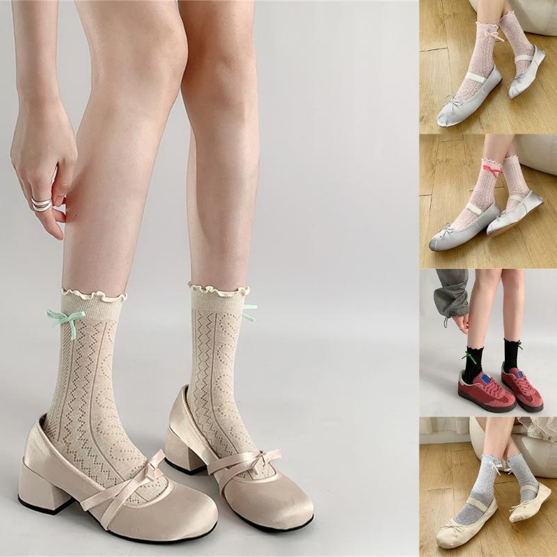 Women's Japanese Sweet Bowknot Accent Crew Socks Elegant Students Hollowout Heart Pattern Ruffle Top Middle Calf Socks