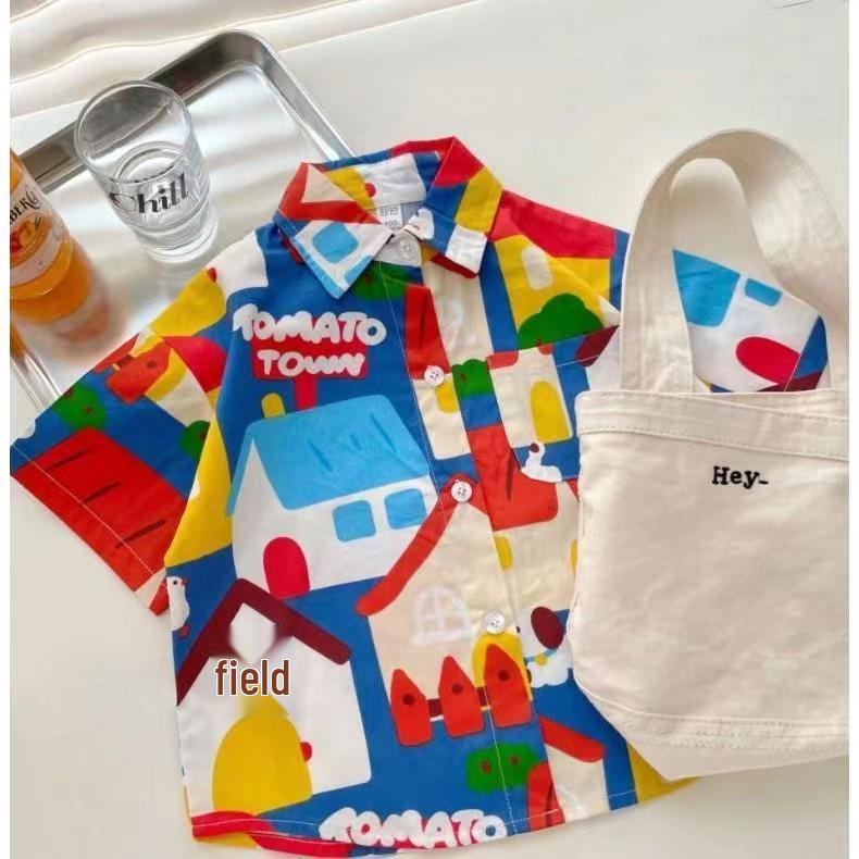 

Summer Vacation Style Boy s Turn-Down Collar Short-Sleeved Print Shirt 130 cm
