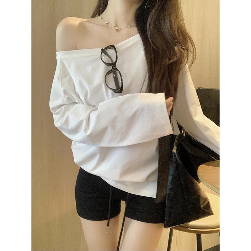 Gray Pure Cotton Off-Shoulder Long-Sleeve Women's T-Shirt - Loose Fit, Spring/Autumn Stylish and Sexy Top