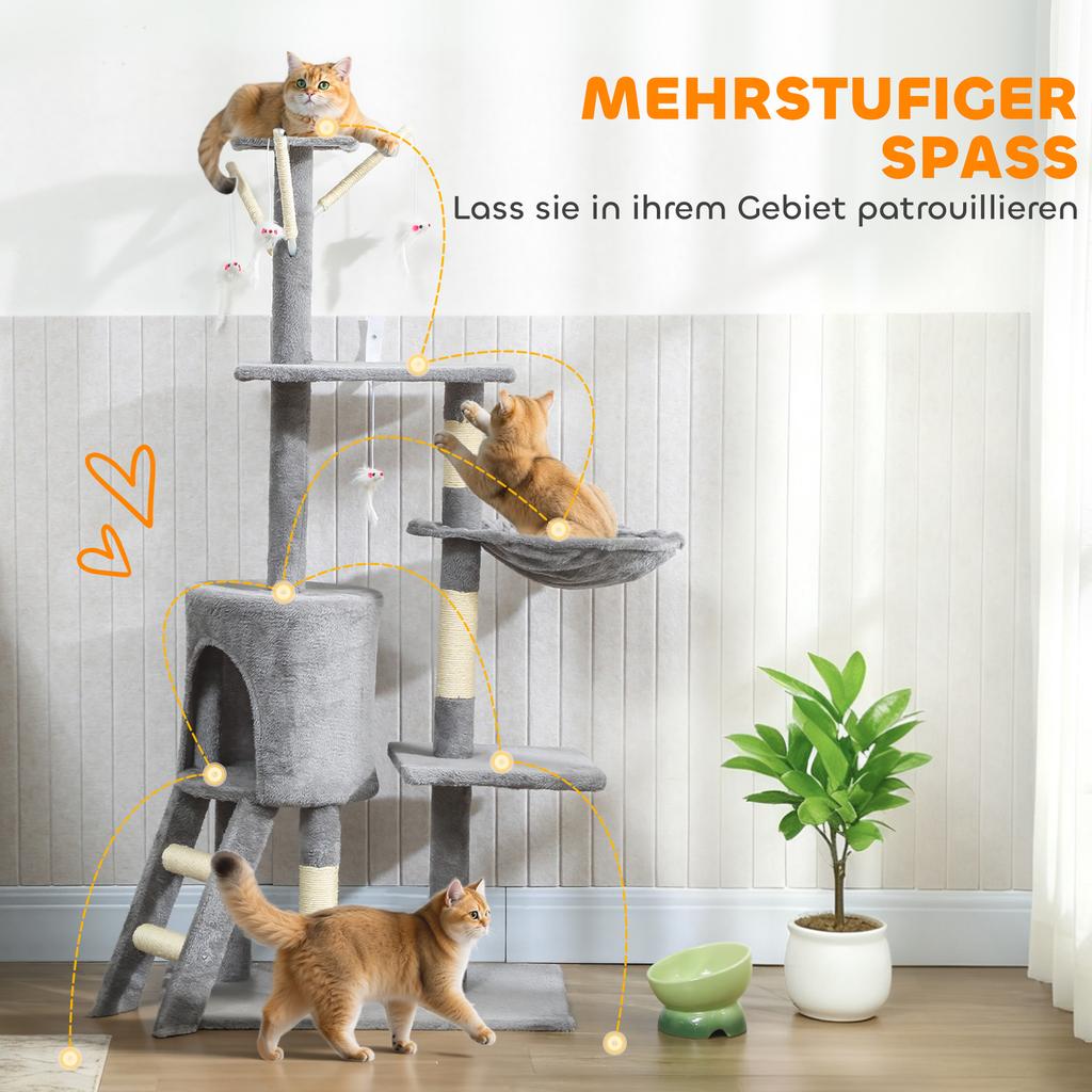 Multi-Level Cat Tower, 134cm Cat Tree with Condo and Sisal Scratching Posts for Indoor Kittens, Grey