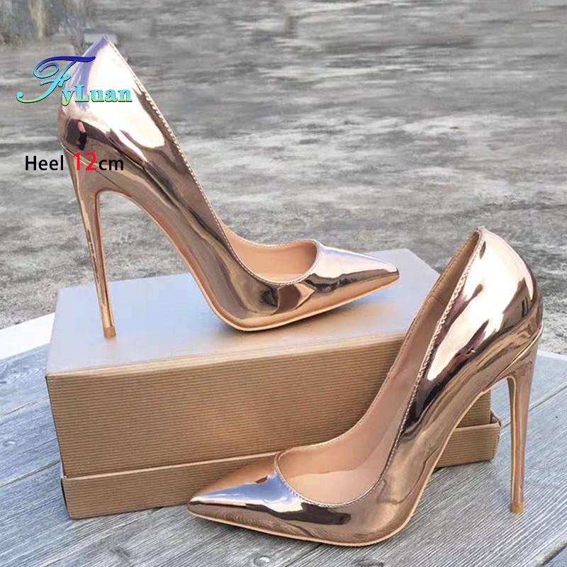Europe and America New Pointed Single Shoes Women Champagne Gold Party Dress High Heels 8CM 10CM 12CM Mirror PU Stiletto Pumps