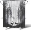 Forest Deer Shower Curtain Grey Foggy Montains Pine Tree Wildlife Elk Moose Hunting Outdoor Rustic Cabin Lodge Nature Landscape