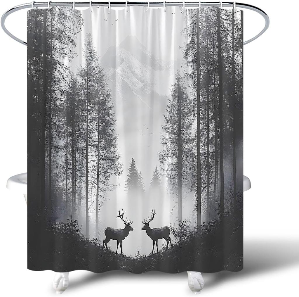 Forest Deer Shower Curtain Grey Foggy Montains Pine Tree Wildlife Elk Moose Hunting Outdoor Rustic Cabin Lodge Nature Landscape
