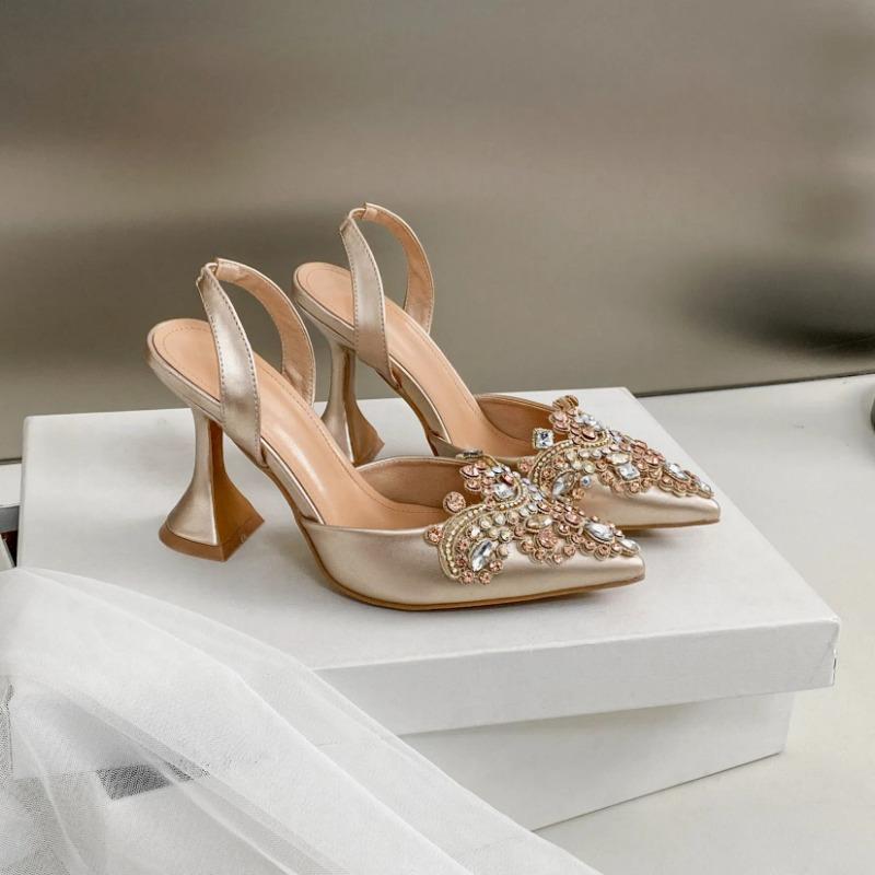 Spring And Summer Women's High Heel Wedding Shoes Pointed Rhinestone Wine Glass Heel Sandals With Empty Back Shoes