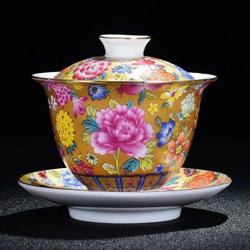 Chinese Kungfu Gaiwan Tea Tureen Intricately Designed Dragon and Phoenix Tea Cups with Elegant Ceramic Color Enamel Teaware