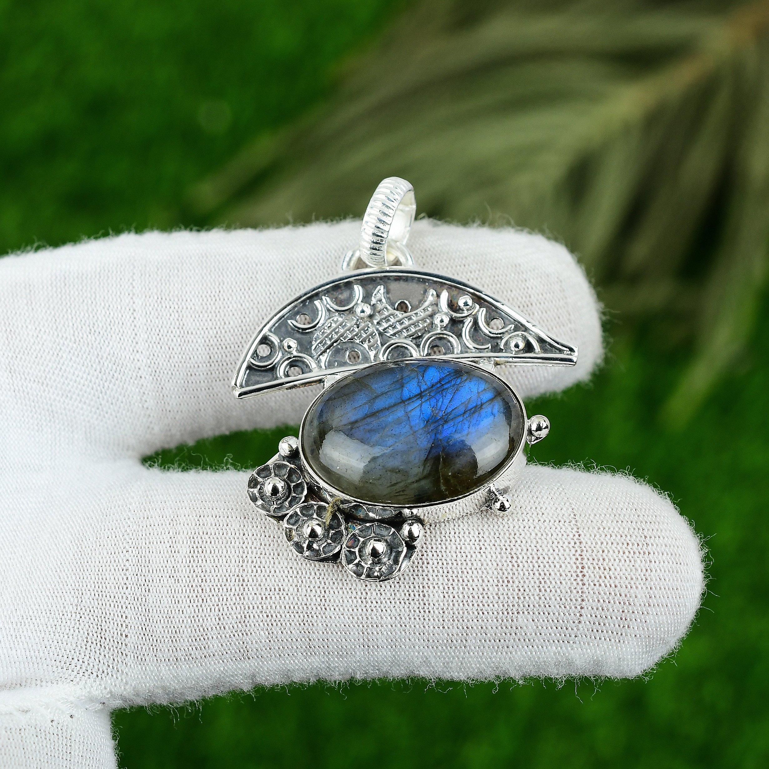 Sterling Silver Oval Labradorite Stone Engagement Bezel Birthday Pendant Jewelry