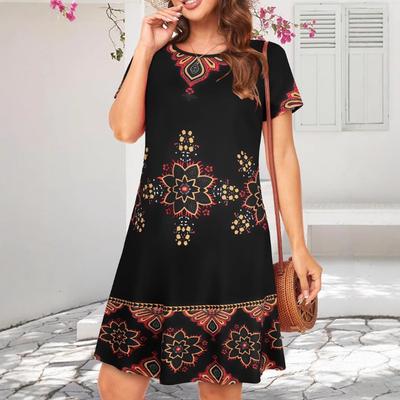 Casual Printed Short Dress Women Summer Elegant Retro Lady's V-Neck Short-Sleeved Mini Dress