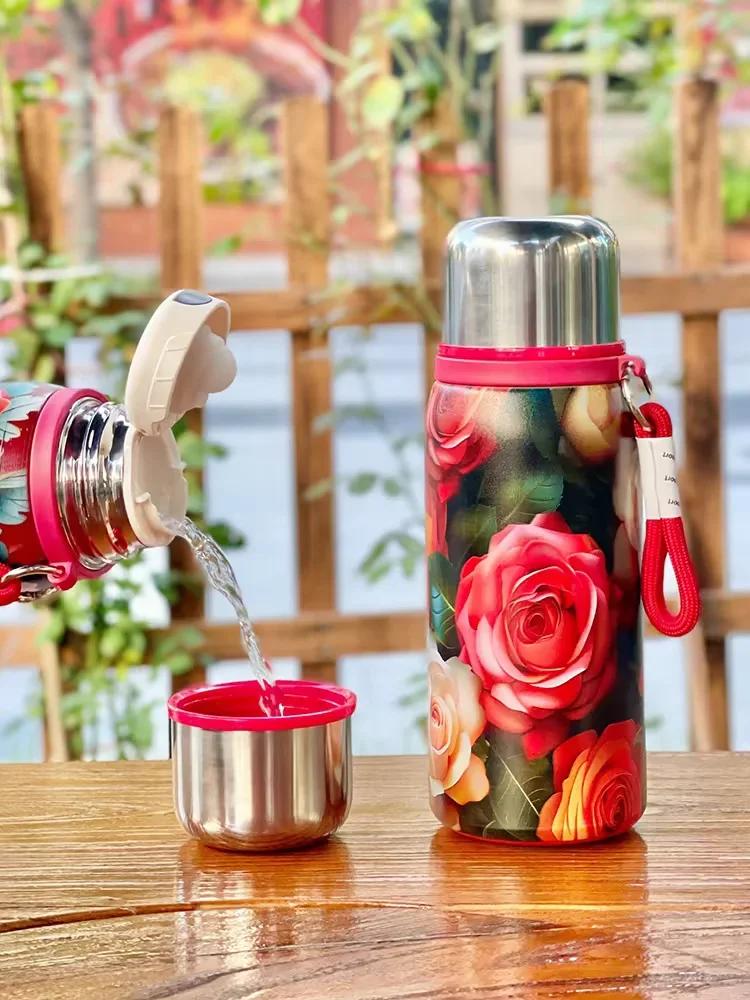 Retro and Bustling High-value Insulated Cup with Creative Rose Pattern Double-layer Water Cup Car Portable Drawstring Stew Cup