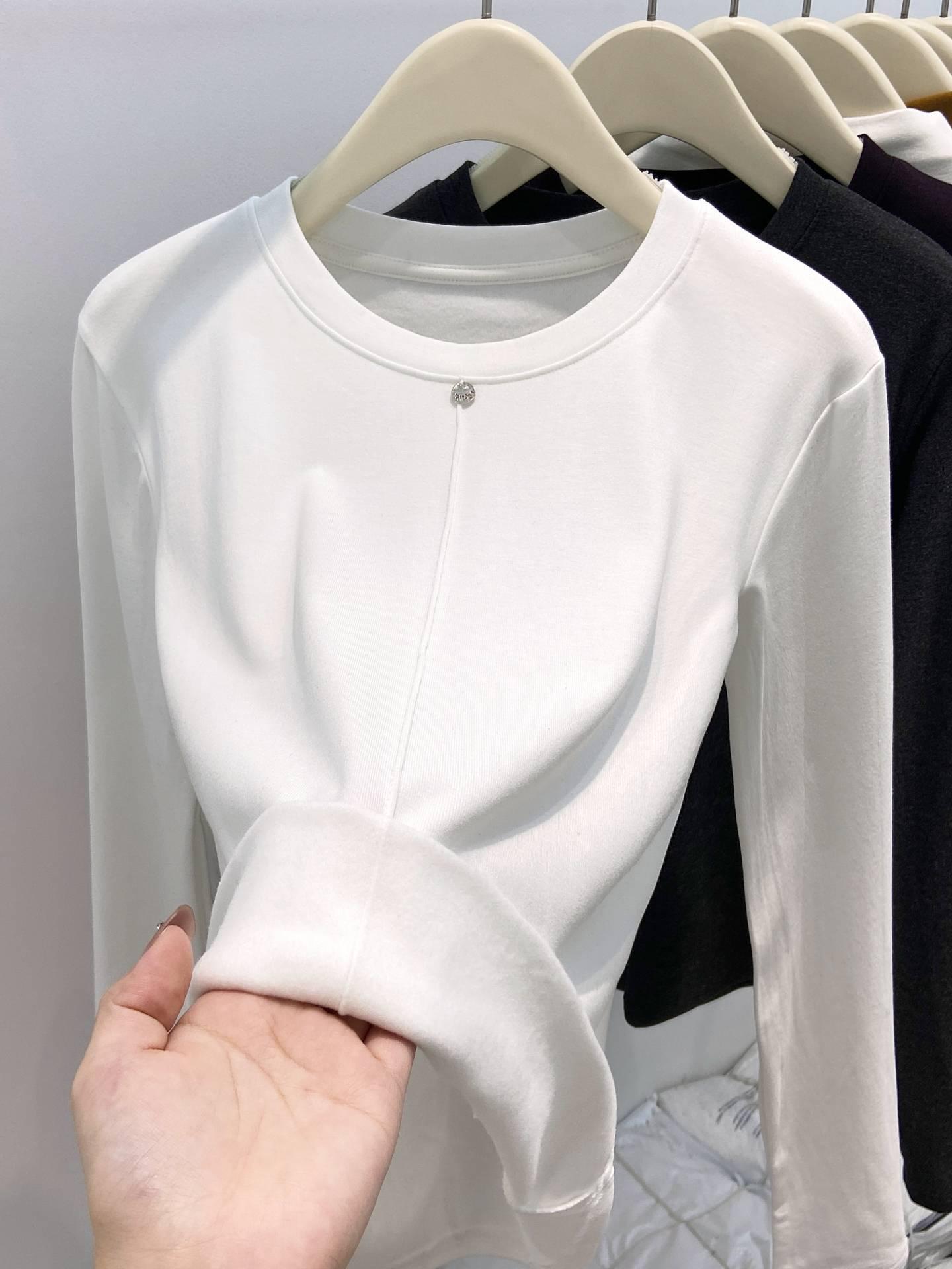 Women s Slim-Fit Brushed Fleece Long-Sleeve T-Shirt - Simple, Pure Color, Autumn/Winter Layer Small белый