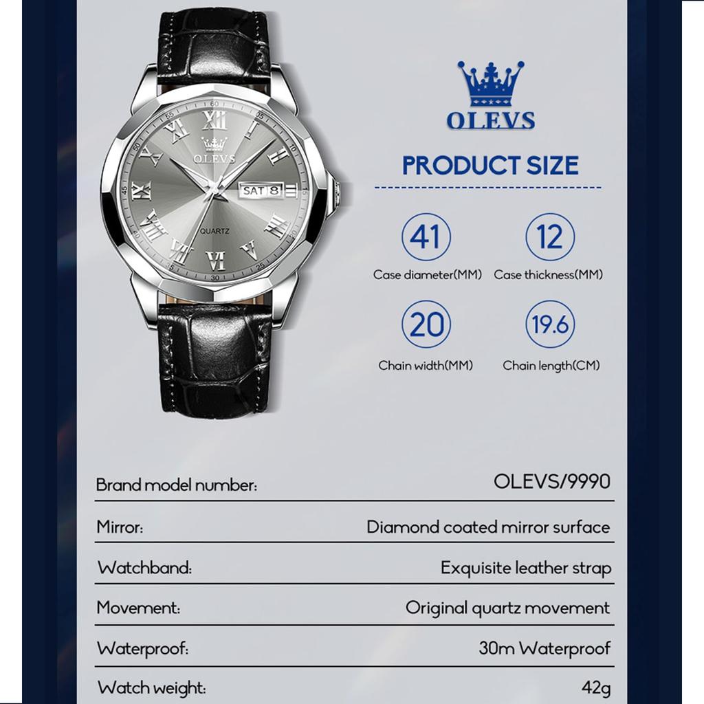 OLEVS Analog Quartz Black Leather 30M Water Date and Day Roman Gray Luminous Hands Men's Watch, Strap, Resistant, Display, Numerals,