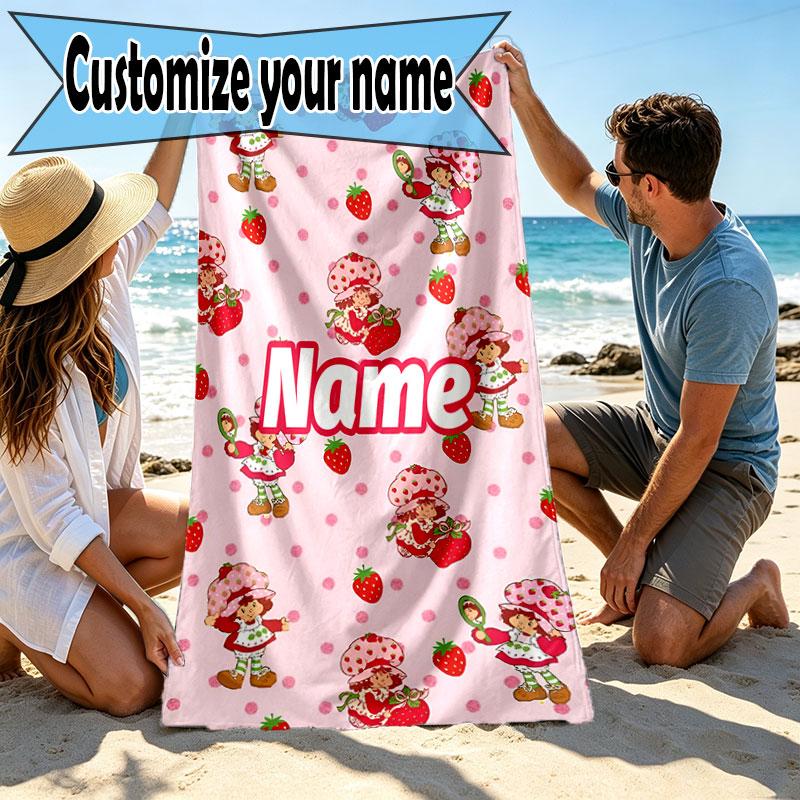 Custom Name Personalized Strawberry Shortcake Print Beach Towel, for Trip Camping Beach Party Home Decor, Birthday Gift for Family & Friends