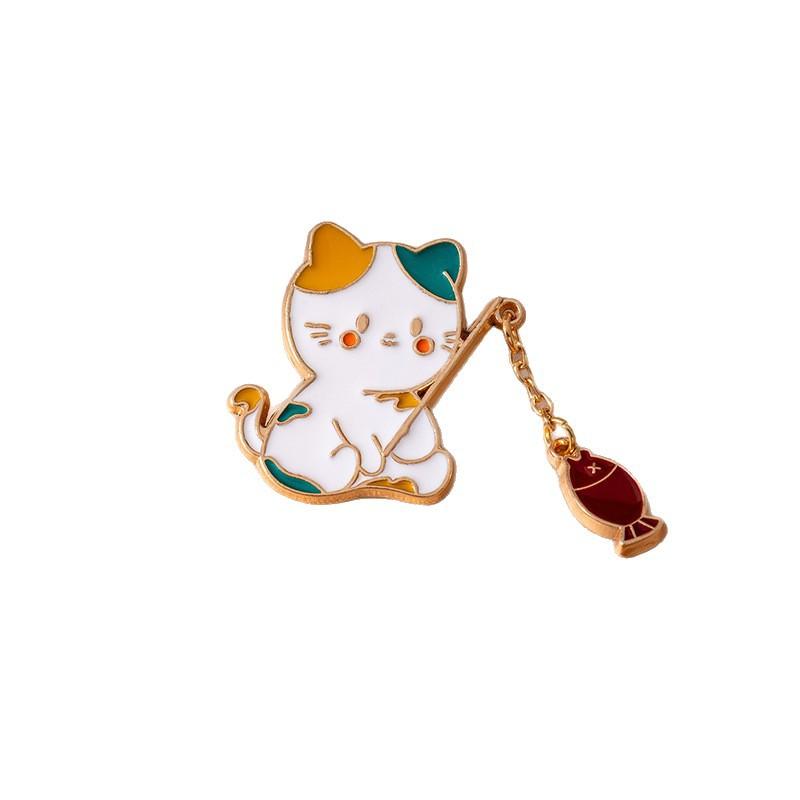 Childlike Kitten Fishing Brooch Cute Japanese Badge Cartoon Pin Buckle Pin Decoration Student Schoolbag Pendant