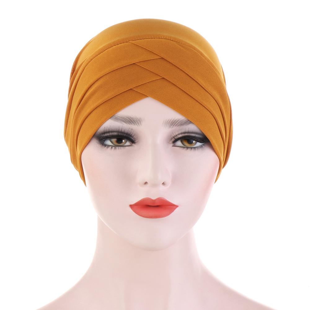 Forehead Cross Muslim Turban Pure Color Stretch Cotton Inner Hijabs For Caps Ready To Wear Women Head Scarf Under Hijab Bonnet
