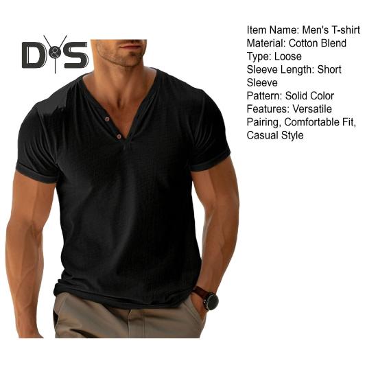 Męski T-shirt z kołnierzykiem henley z krótkim rękawem w jednolitym kolorze, letni, bawełniana mieszanka, casualowy top do noszenia na co dzień, na plażę, w podróży