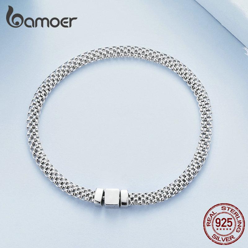 Bamoer 925 Silver Classic Square Buckle Bracelet Retro Braided Silver Chain Link for Women Platinum Plated Fine Jewelry