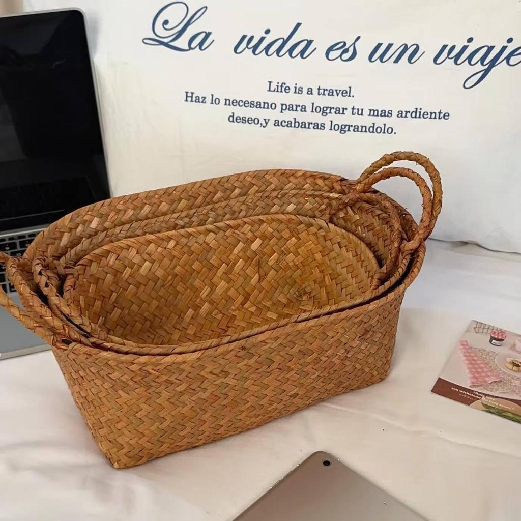 Retro Woven Multifunctional Storage Basket for Household, Living Room, Desktop, and Cosmetics