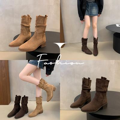 Retro-Stil quadratischer Kopf dicker Absatz plissierte geraffte Stiefel Damen 2025 neu Herbst und Winter vielseitige kleine mittlere Schaftmode-Stiefel