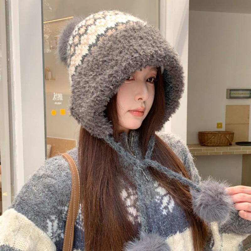 Winter Dicke Warme Mütze mit Ohrenklappen Damen Niedlich Plüsch Quaste Gestrickt Outdoor Kälteschutz