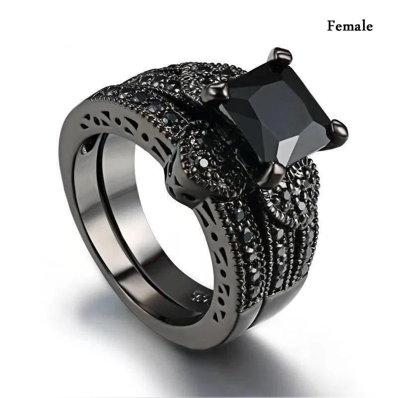 Charm Couple Rings Romantic Black Rhinestones Female Rings Set Simple Wide Stainless Steel Men Black Ring Wedding Band Jewelry