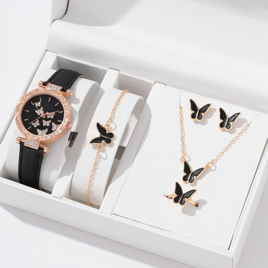 Yousheng 1 Set Women Watch Necklace Bracelet Ring Ear Studs Rhinestone Butterflies Round Faux Leather Strap Ladies Dress Wrist Watch Fashion Jewelry