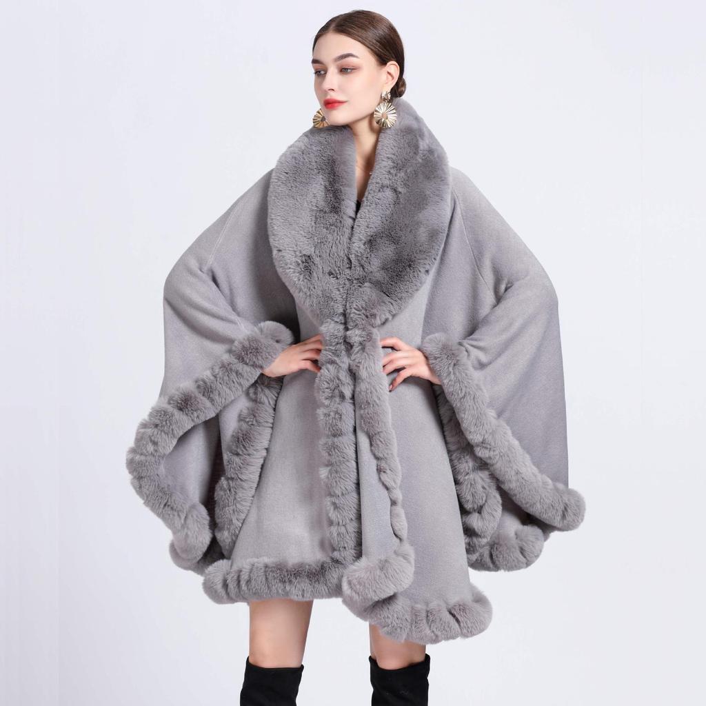 Elegant V Lapel Faux Rex Rabbit Fur Coat Cape Winter Women Big Long Shawl Full Trim Fur Knit Cloak Overcoat Large Size Parka