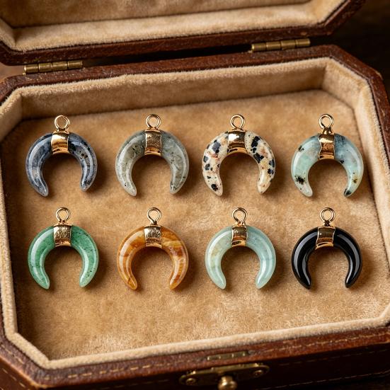 DIY Pendant Gold-Plated Edging Crescent Horn Design Natural Imitation Crystals Jade Necklace Bracelet Earrings Charm DIY Jewelry Making Accessories