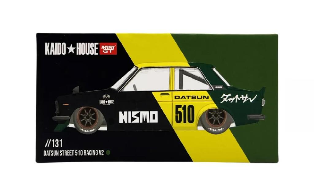 Miniatura de Carro Modelo True Scale Compatível com Datsun Street 510 Racing V2 Verde Nismo Carro Modelo Diecast Kaido House KHMG131 – Preto, Amarelo, 1/64