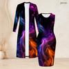 Women Plus Size Two Piece Set Long Sleeve Long Open Front Cardigan Sleeveless Printed Bodycon Dress