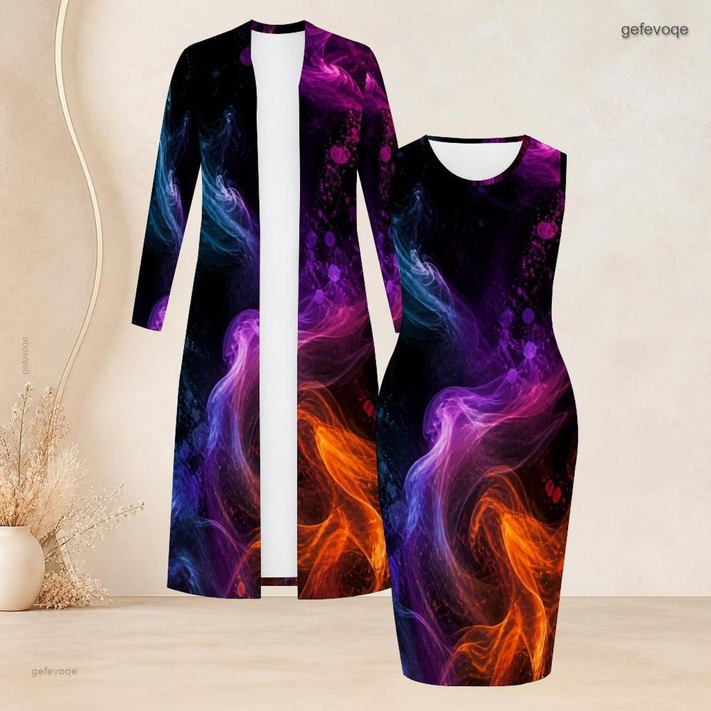 Women Plus Size Two Piece Set Long Sleeve Long Open Front Cardigan Sleeveless Printed Bodycon Dress
