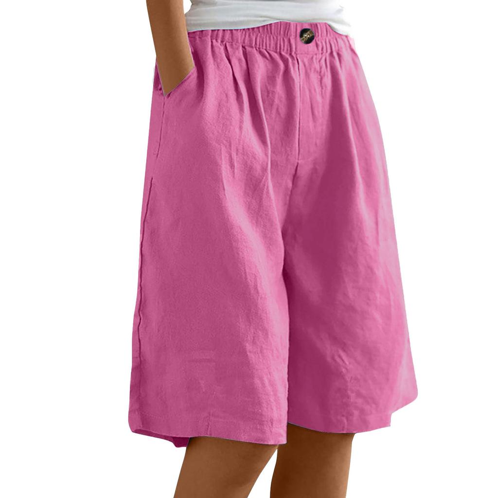 Women's High Waist Elastic Waistband Linen Bermuda Shorts Casual Loose Wide Leg Shorts With Side Pockets For Summer