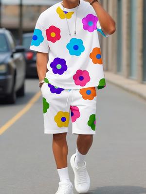 Ensembles Homme Couleur Imprimé Floral Costume Décontracté T-Shirt Manches Courtes Col Rond Short Ensemble de Survêtement 2 Pièces Été Costumes Homme Vêtements